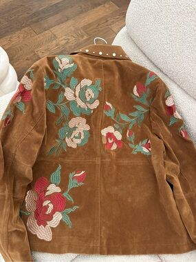A unique piece from Urbancode UK. Brown faux Suede Floral Embroidered Jacket
